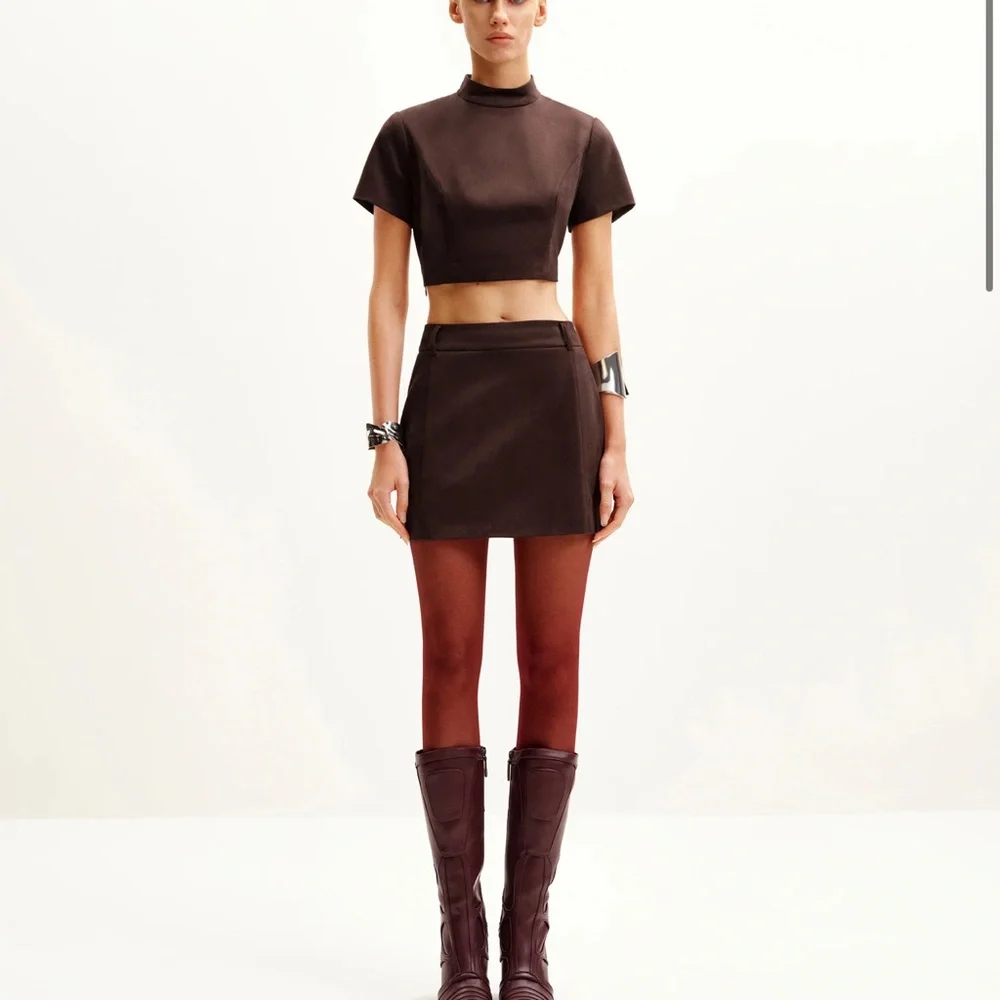 JW PEI | Grace Faux Suede Crop Top and Mini Skirt Set - Chocolate Brown - Picture 1 of 7